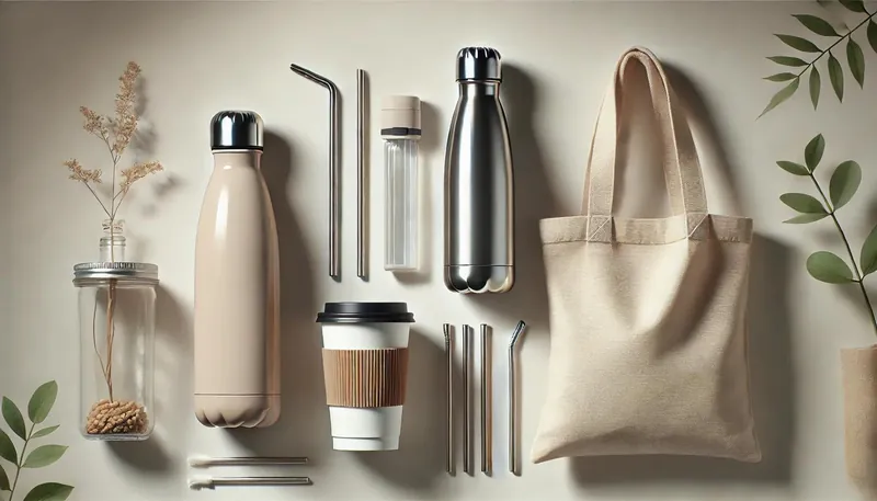 Reusable bottles, a coffee cup, metal straws and a tote bag laid out flat