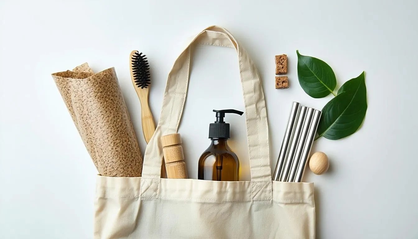 A cotton tote holding a bamboo toothbrush, glass soap dispenser, metal straws and a reusable wrap
