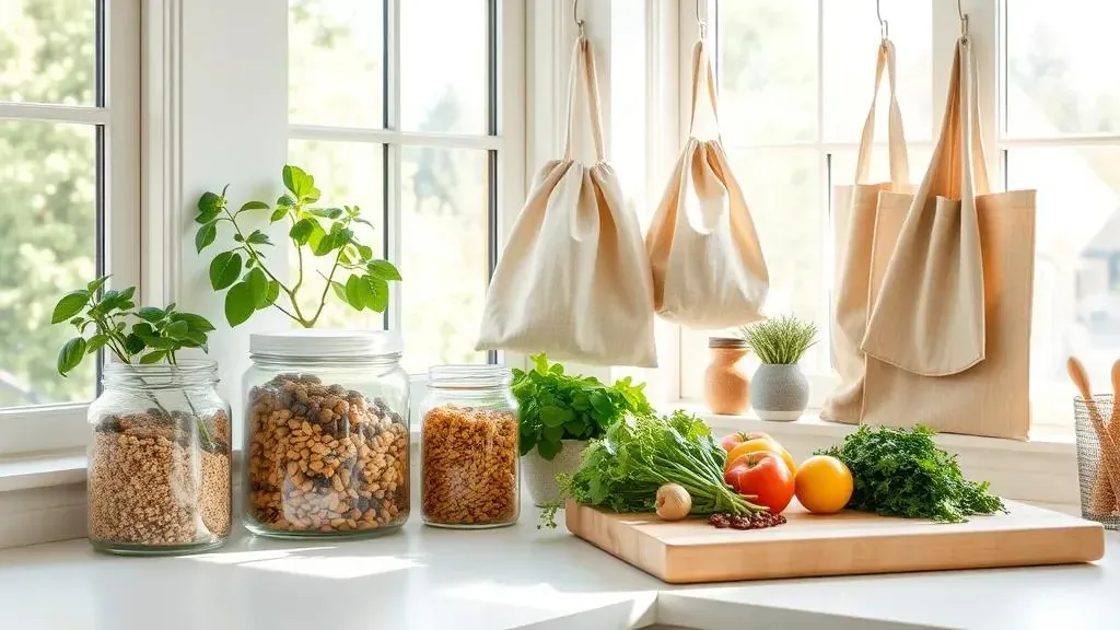 A bright kitchen with glass jars of dried food, fresh vegetables and cotton bags hanging by the window