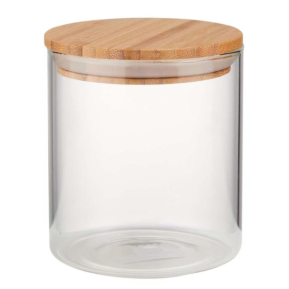 Clear glass storage jar with a bamboo lid